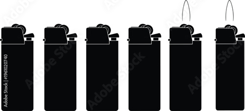 Disposable lighter icon set showing cigarette lighter ignition flame stages pocket lighter silhouette smoking accessory vector illustration collection