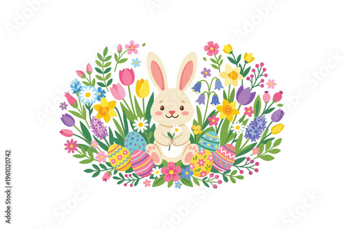 Whimsical easter bunny surrounded by vibrant spring florals and greenery