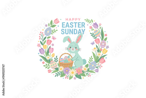 Easter sunday celebration with bunny and floral wreath