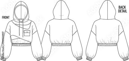 Canvas Print Female hoodie fashion flat sketch featuring front and back detail views of a cropped hooded sweatshirt technical drawing isolated on white background
