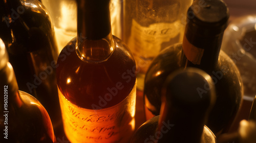 An elegant display of wine bottles showcasing intricate glass textures and labels, illuminated by warm backlighting. bar promotions.