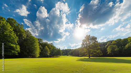 Vast green golf course under bright sunlight, capturing the tranquility of open landscapes. travel magazines, destination branding, designed for outdoor magazines and nature guides.