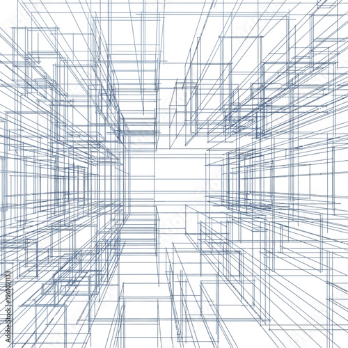 Wireframe digital 3D blueprint architecture.