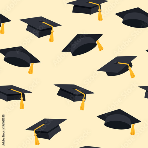 Academic caps seamless pattern. Graduation mortarboards with yellow tassels repeating background on light yellow.
