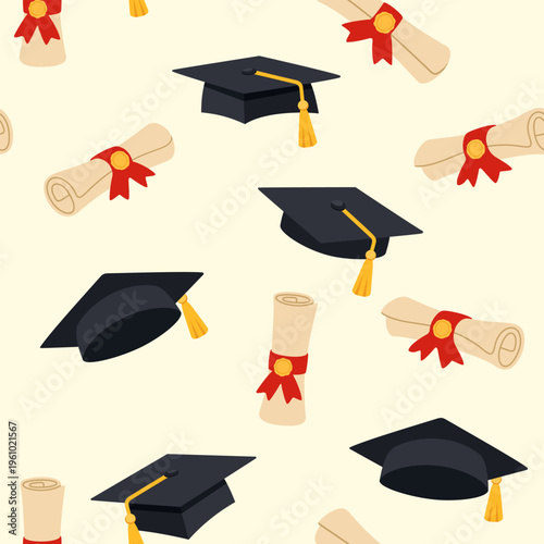 Graduation seamless pattern with academic caps and scrolls. Educational background with mortarboards and diplomas