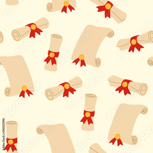 Graduation scrolls seamless pattern. Diploma certificates with red ribbons and golden seals repeating background.