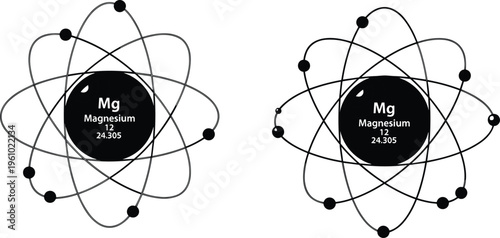 Magnesium atom diagram icon showing atomic structure with electrons orbiting nucleus Mg chemical element science education vector illustration