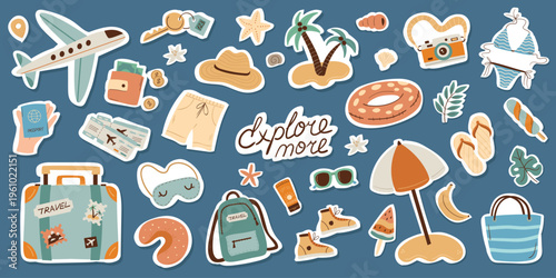 A collection of travel-themed stickers. Travel concept. Hand drawn flat cartoon elements.