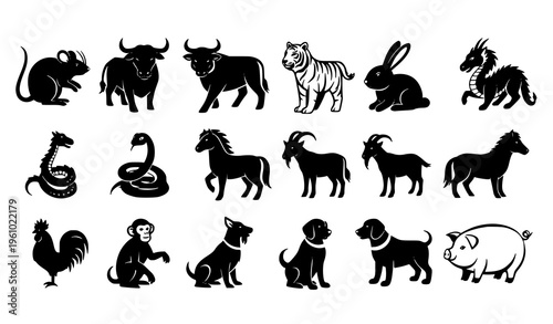 Chinese zodiac animals silhouette circle astrology horoscope vector illustration set