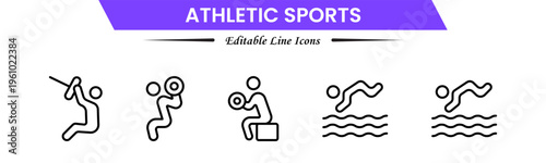 Athletic sports icons depicting fitness, training, competition, running, strength, endurance, teamwork, performance, speed, agility, exercise, energy, discipline, and achievement.