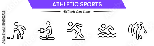 Athletic sports icons depicting fitness, training, competition, running, strength, endurance, teamwork, performance, speed, agility, exercise, energy, discipline, and achievement.