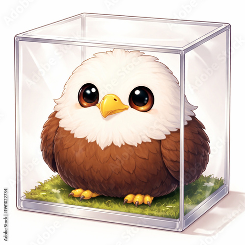 Cute Chubby Eagle Character Inside Transparent Glass Cube on White Background
