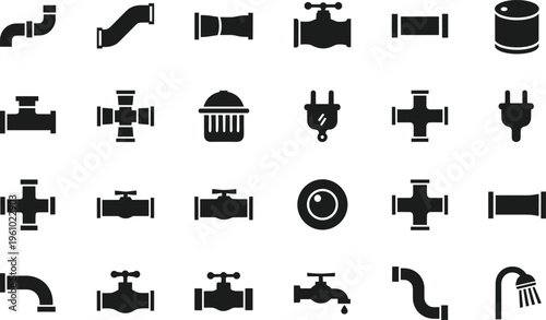 Plumbing pipe fittings and faucet icons set with valves connectors shower tap pipeline symbols for plumbing repair construction vector illustration