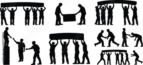 Silhouette of people working together to carry objects