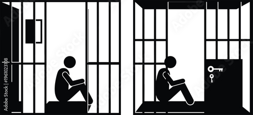 Prisoner in jail cell vector illustration confinement concept silhouette person sitting behind bars incarceration justice system isolated on white background