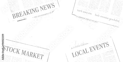 Chaotic collage of fragmented newspaper clippings with bold headlines and text