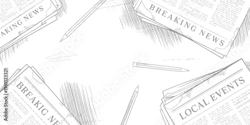 Chaotic collage of fragmented newspaper clippings with bold headlines and text