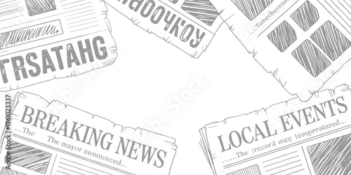 Chaotic collage of fragmented newspaper clippings with bold headlines and text