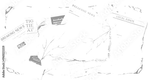 Overlapping distressed vintage newspaper pages with bold headlines and scattered ink splatters textured