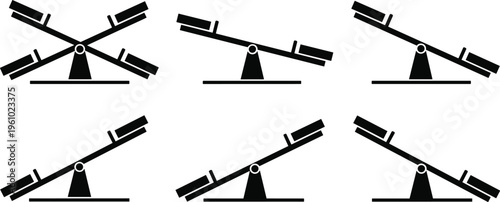 Seesaw balance vector illustration set comparison concept equality and imbalance scales playground board icon silhouette isolated on white background minimal design