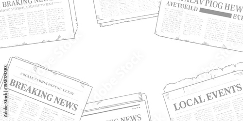 Overlapping distressed vintage newspaper pages with bold headlines and scattered ink splatters textured