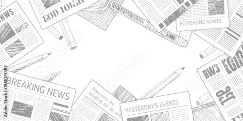 Overlapping distressed vintage newspaper pages with bold headlines and scattered ink splatters textured