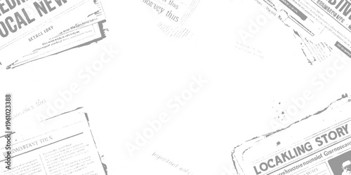 Overlapping distressed vintage newspaper pages with bold headlines and scattered ink splatters textured