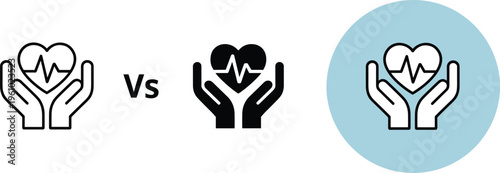 Healthcare heart with pulse in hands vector icon set featuring outline solid and badge styles for medical insurance or charity concept