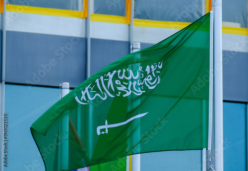Saudi Arabia flag in front of the World Health Organization (WHO)