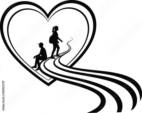 Black silhouette illustration of a man and woman on a winding path inside a large heart shape symbolizing love journey and life relationship