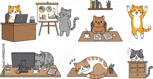 Cartoon cats in office setting working on laptops presenting charts reviewing documents celebrating sleeping at desks playful humorous illustration of workplace activities and teamwork