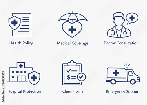 A set of Health Insurance icons focuses on simplicity, elegance, and ease of recognition. Vector Sign for Logos, Labels, and Icons.