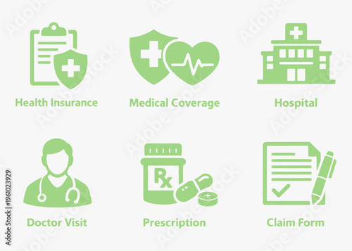 A set of Health Insurance icons focuses on simplicity, elegance, and ease of recognition. Vector Sign for Logos, Labels, and Icons.