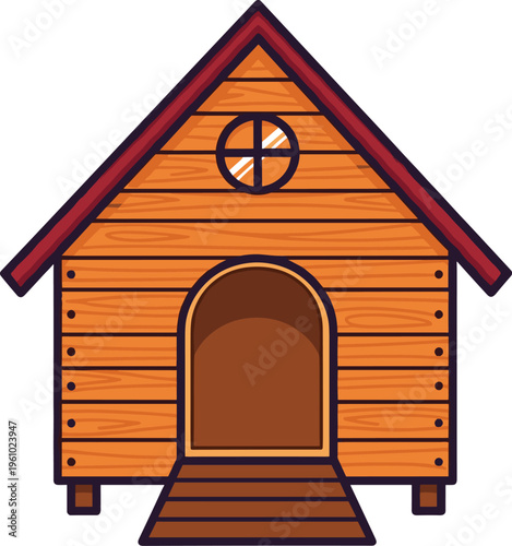 Cartoon style wooden doghouse illustration with triangular roof red shingles circular window arched entrance and ramp cozy pet shelter design for education and creative projects