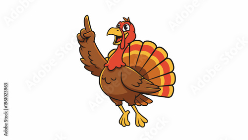 Cartoon Thanksgiving Turkey Mascot Pointing Up on White Background