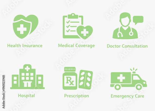 A set of Health Insurance icons focuses on simplicity, elegance, and ease of recognition. Vector Sign for Logos, Labels, and Icons.
