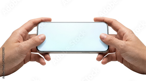 Photography Two hands hold a silver mobile phone in landscape mode isolated transparent back