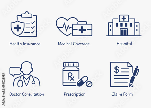 A set of Health Insurance icons focuses on simplicity, elegance, and ease of recognition. Vector Sign for Logos, Labels, and Icons.