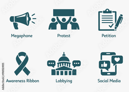 A set of Advocacy icons focuses on simplicity, elegance, and ease of recognition. Vector Sign for Logos, Labels, and Icons.