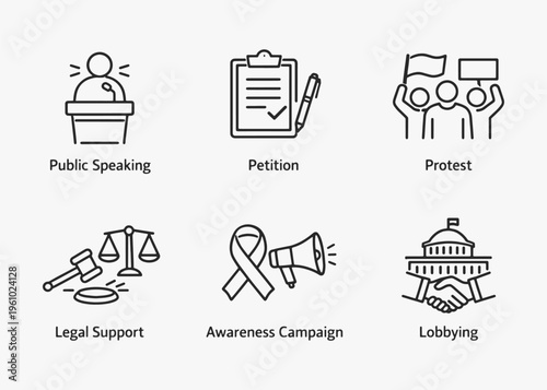 A set of Advocacy icons focuses on simplicity, elegance, and ease of recognition. Vector Sign for Logos, Labels, and Icons.