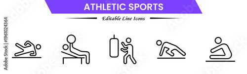 Athletic sports icons depicting fitness, training, competition, running, strength, endurance, teamwork, performance, speed, agility, exercise, energy, discipline, and achievement.
