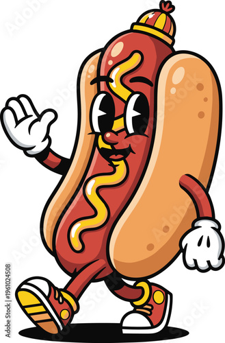 Retro cartoon hot dog character vector illustration with mustard and bun walking and waving in vintage rubber hose style isolated on white background