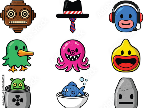 Set of cute cartoon stickers and gaming icons featuring a robot monkey bird octopus fish and alien monster characters for digital design projects