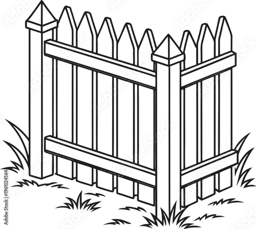 Simple black and white garden fence icon with picket tops and grass outline
