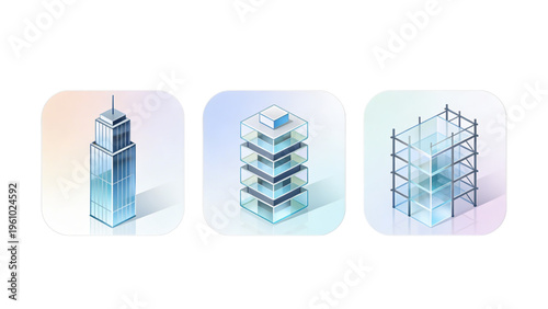 A 3d glass ice cube isolated on a white background features a blue architectural skyscraper icon design symbolizing a modern urban business tower