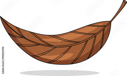 Single brown dry autumn leaf illustration in curved shape with detailed veins isolated on white background for seasonal fall nature design projects and graphics