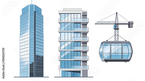 A modern glass office building structure stands tall against a blue city sky as a high skyscraper featuring new urban architecture and tall exterior windows