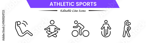 Athletic sports icons depicting fitness, training, competition, running, strength, endurance, teamwork, performance, speed, agility, exercise, energy, discipline, and achievement.