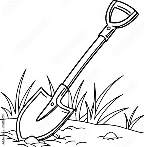 Black and white line drawing of a garden spade stuck in the ground with grass
