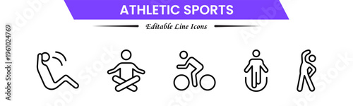 Athletic sports icons depicting fitness, training, competition, running, strength, endurance, teamwork, performance, speed, agility, exercise, energy, discipline, and achievement.